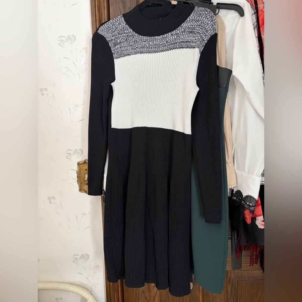 Calvin Klein Black, White, and Gray Long Sleeve Dress